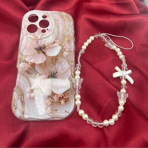Floral Pearl Phone Case iphone 16 pro max- Cream and Gold - Picture 4 of 7